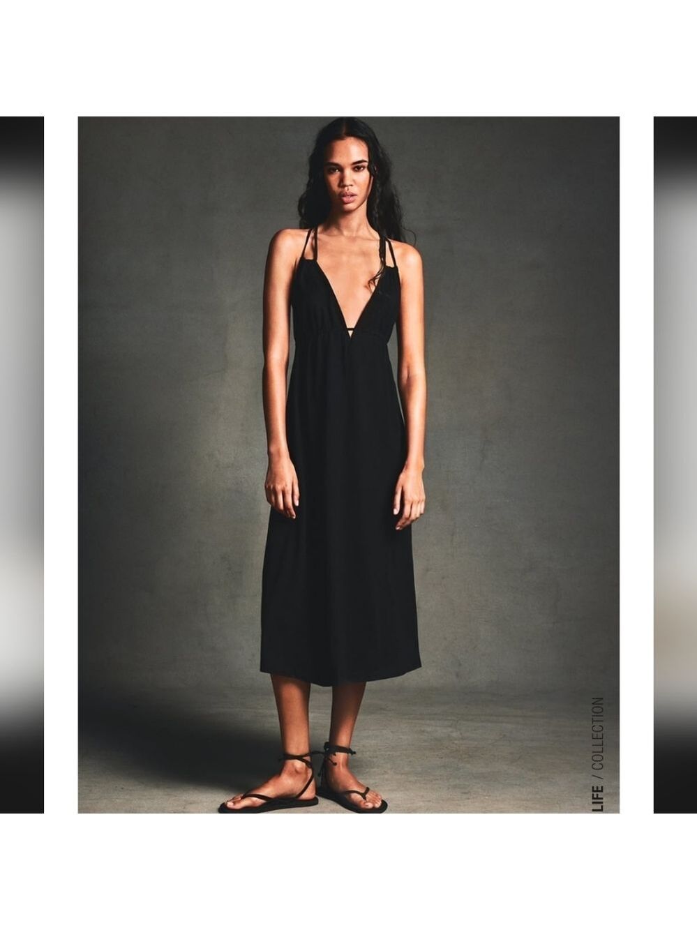 Zara Black Deep V-Neck Midi Dress